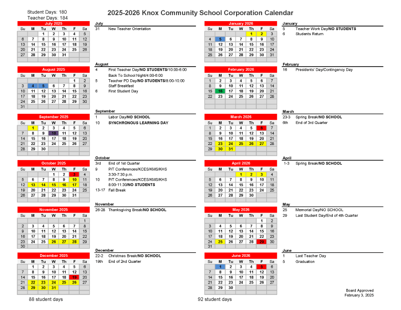 School Calendar Knox Community School Corporation